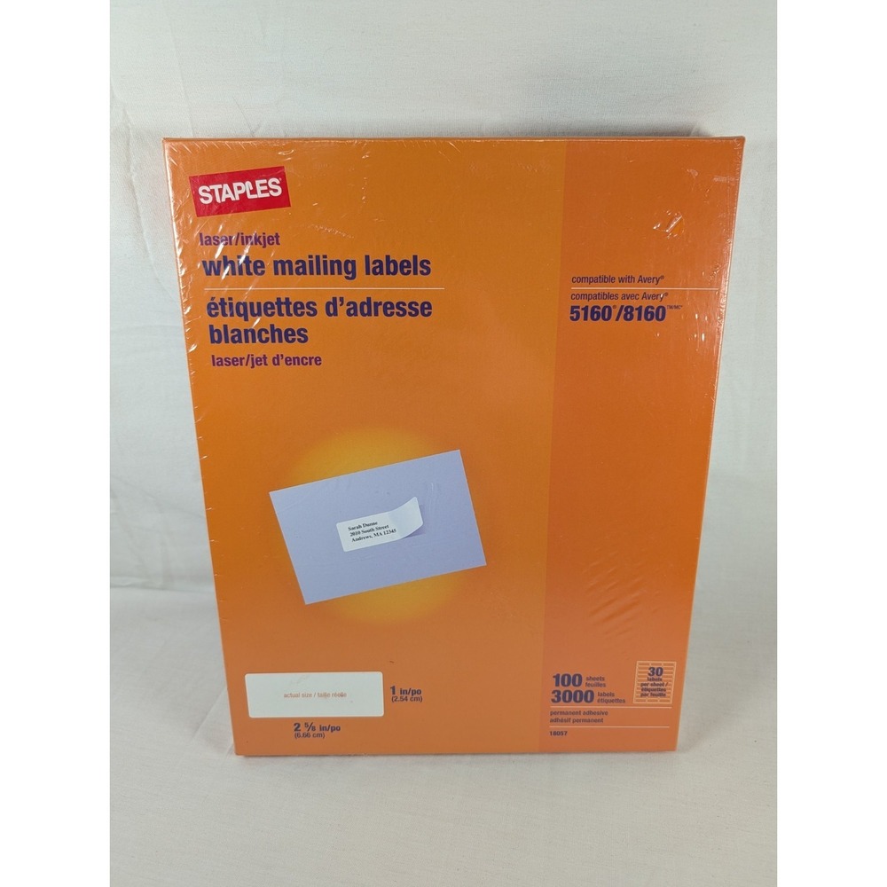 Staples White Mailing Labels 1 x 2 5/8 inch Laser/Inkjet 100 Sheets 3000 New
